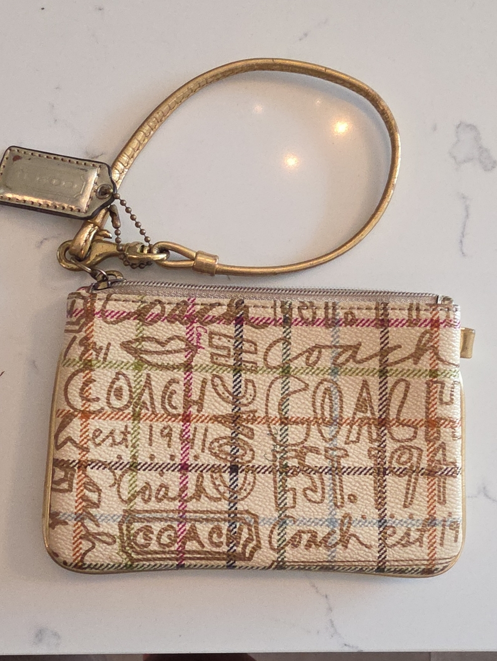 Vintage Coach Multicolor Signature Canvas Wristlet with Gold Strap
